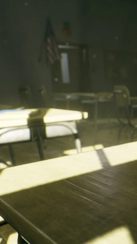 Empty classroom with sunlight shining through windows during afternoon Stock Footage 334247797
