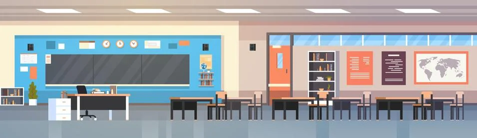 Empty Classropm Interior Background School Class Room With Board And Desks Stock Illustration