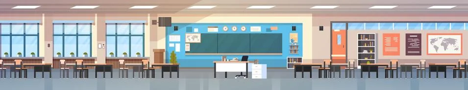 Empty Classropm Interior Background School Class Room With Board And Desks Stock Illustration