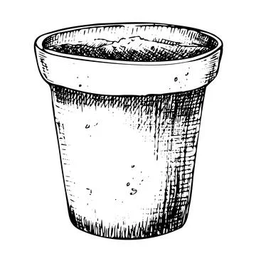 Empty Clay Flower Pot. Hand drawn vector illustration of ceramic simple Stock Illustration