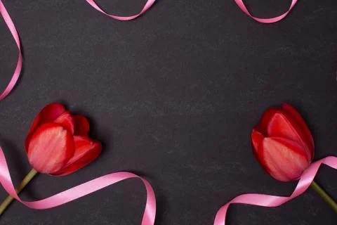 Empty clean black chalkboard with red tulips and ribbons Stock Photos