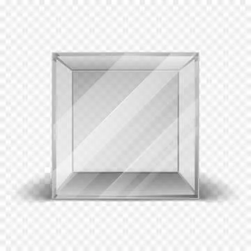 Empty clean glass box cube showcase isolated on checkered background Ilustración de archivo