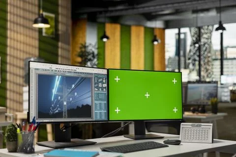 Empty clean tech company with design program on green screen computer Foto stock