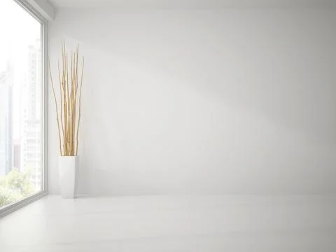 Empty clean white room with branches decor 3D rendering Stock Illustration