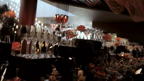 Empty clean wine glasses at the buffet Stock Footage 308447496
