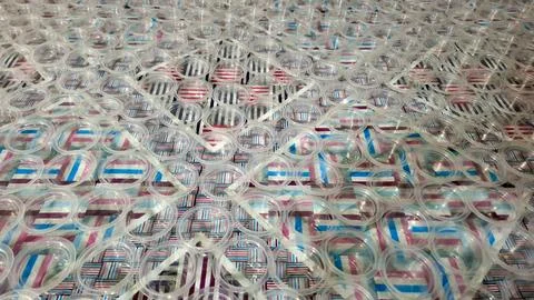 Empty Clear Plastic Snack Cups Array Pattern Stockfoto's