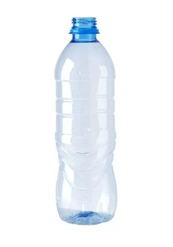 Empty clear plastic water bottle with blue cap, recycling concept Stock Photos