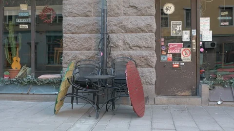 Empty &amp; closed outside seating at restureant due to Coronavirus Covid-19 Stock Footage 128711491