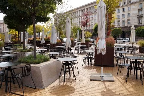 Empty closed street cafe in Sofia in autumn Stock Photos