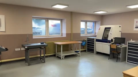 Empty CNC machine workshop with workbenches indoors Stock Footage 337732826
