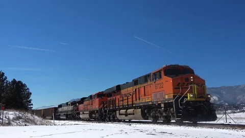 Empty coal train left to right Colorado sunny winter, 4 clips in 1 Stock Footage 105191369