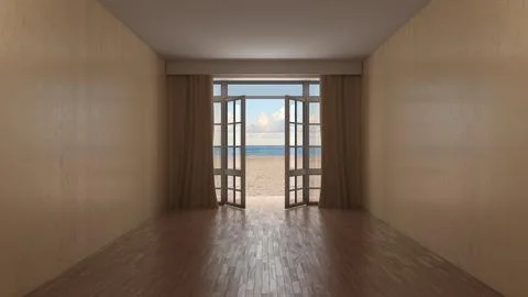 Empty Coastal Interior with Open French Doors and Ocean Beach View Stock Illustration