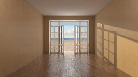 Empty Coastal Interior with Open French Window, Beach View and Sunlight Stock Illustration