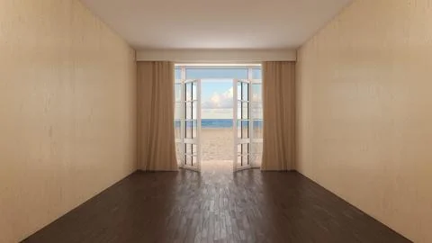 Empty Coastal Interior with Open French Doors Overlooking the Beach Stock Illustration
