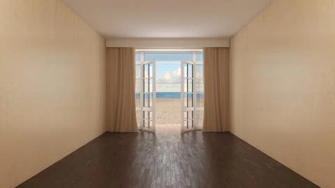 Empty Coastal Room Interior with Open French Window and Curtains Facing Beach Stock Illustration