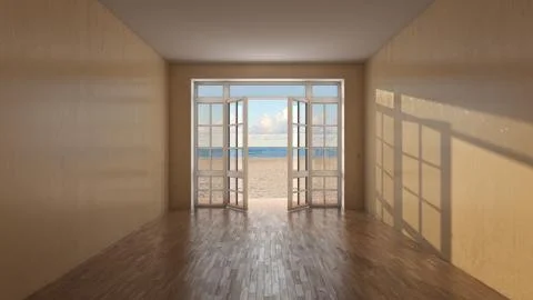 Empty Coastal Room With Open Doors And Ocean View Illustrazione stock