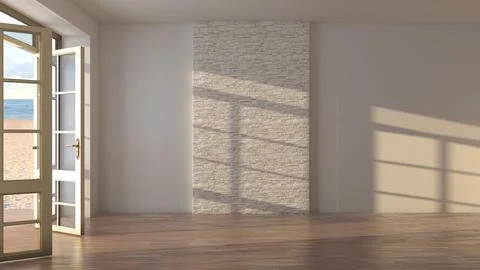 Empty Coastal Room With Stone Wall And Open Beach Door Stock Illustration