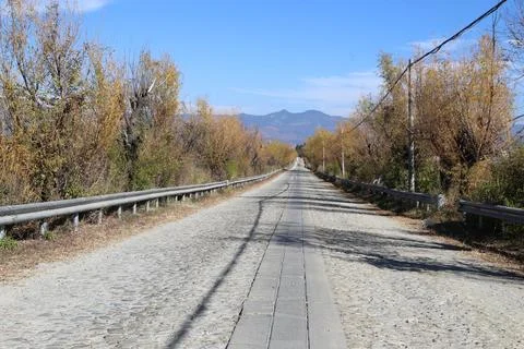 Empty cobblestone road stretching between guardrails and roadside trees Stockfoto's