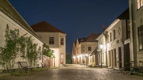 Empty Cobblestone Street in Historic Quarter at Night Stock Footage 343694360