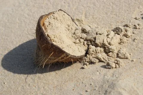An empty coconut shell, now filled with sand, rests on the beach. Stock Photos