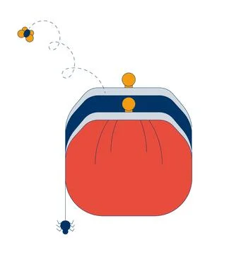 Empty coin purse with dangling spider and bug flying away 2D cartoon object Stock Illustration