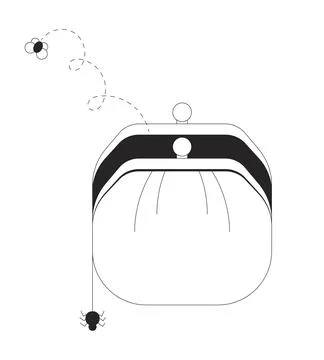 Empty coin purse with dangling spider and bug flying away 2D line object Stock Illustration