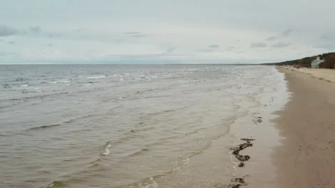 Empty cold Baltic Sea coastline in Jurmala Latvia aerial view Stock Footage 325974062