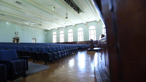 Empty College School Auditorium Lecture Hall With Stage Tracking From Front Stock-Footage 134193505