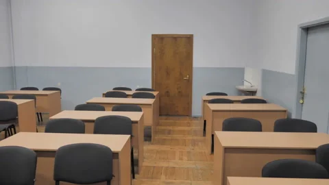 Empty College University Classroom, Study Room. Camera Moving From Door To Deepe Stock Footage 142281420