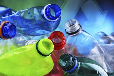 Empty colored carbonated drink bottles. Plastic waste Stock Photos
