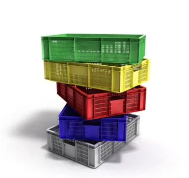 Empty colored plastic boxes 3d render on white Stock Illustration