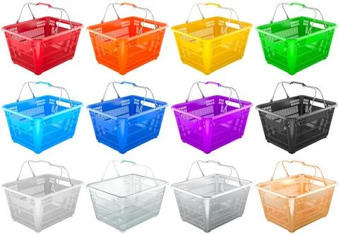 Empty colored shopping baskets, set. 3D rendering Stock Illustration