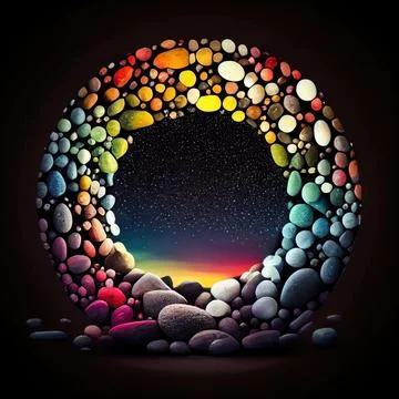 An empty colorful pebbles circle frame on solid background. イラスト素材
