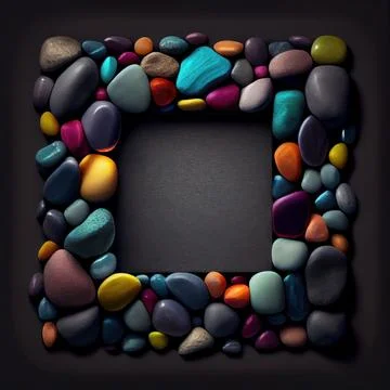 An empty colorful pebbles square frame on solid background. Illustrazione stock