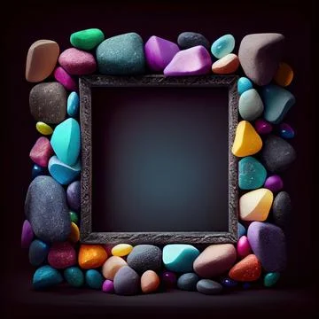 An empty colorful pebbles square frame on solid background. Illustrazione stock