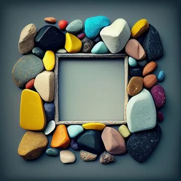 An empty colorful pebbles square frame on solid background. イラスト素材