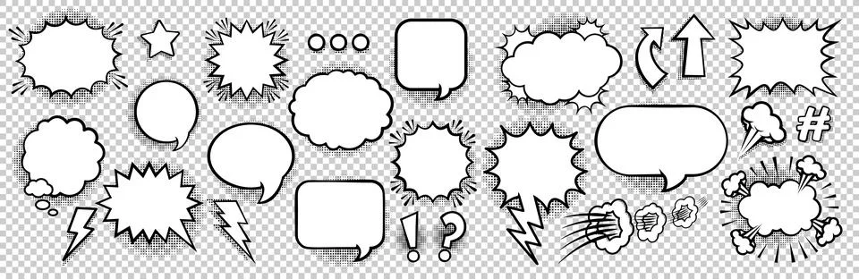 Empty comic bubbles and elements set with black halftone shadows on transpa.. Stock Illustration