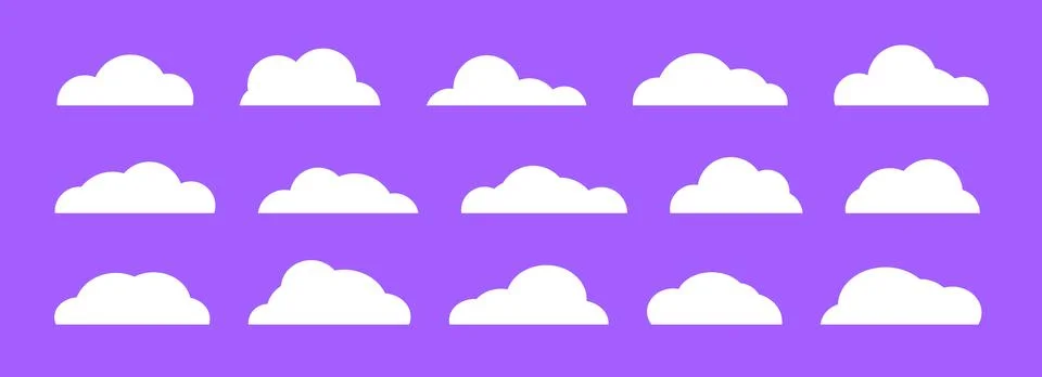 Empty comic clouds on purple background. Cartoon cloud shapes set for icon Stock Illustration