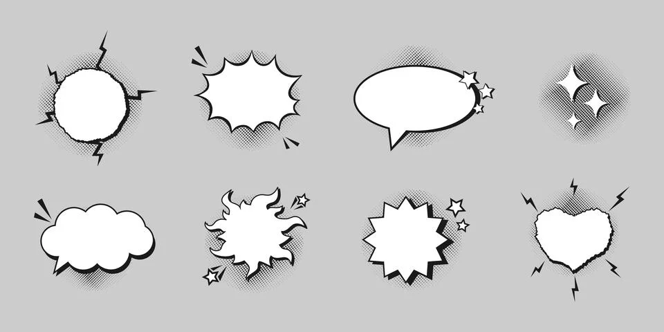 Empty comic speech bubbles decorated with black halftone shadow Stock Illustration