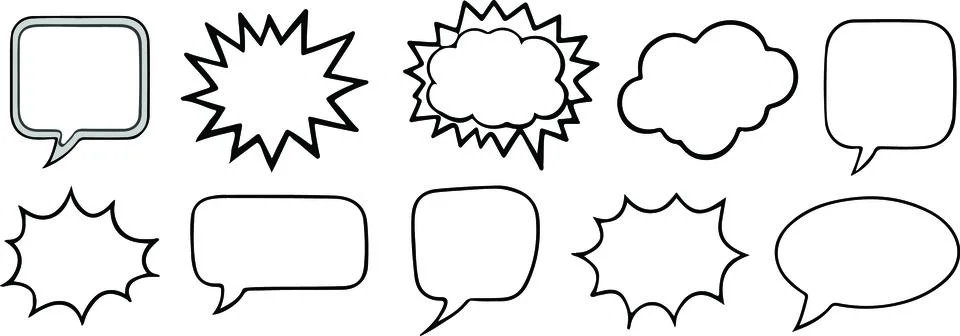 Empty comic speech bubbles set, Black border, Vintage vector graphic clipart Stock Illustration