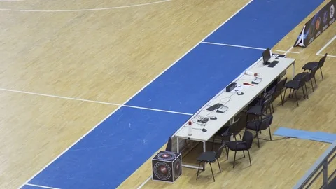 Empty commentators desk at sport arena Stock Footage