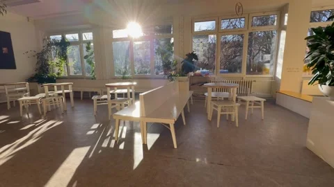 An empty common room filled with sunlight. Brno Luzanky. Stock Footage 264523764