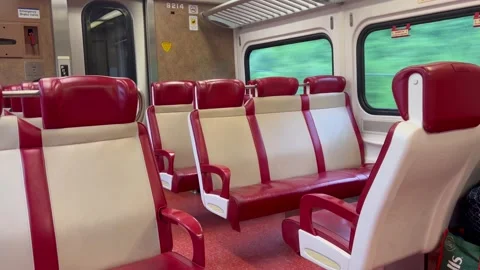 Empty Commuter Train Interior with Fast Motion Blurred Landscape Stock Footage 338364329