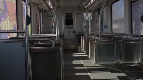 Empty Commuter Train Interior Moving Through Los Angeles Vídeos de archivo 297391033