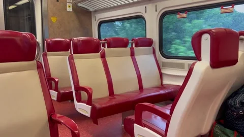 Empty Commuter Train Interior with View of Moving Landscape Stock Footage 338364316