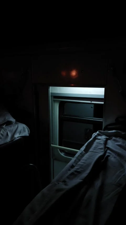 An empty compartment of a Russian Railways train at night Stock Footage 264429101