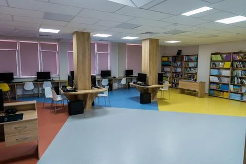 Empty computer class at new school Foto stock