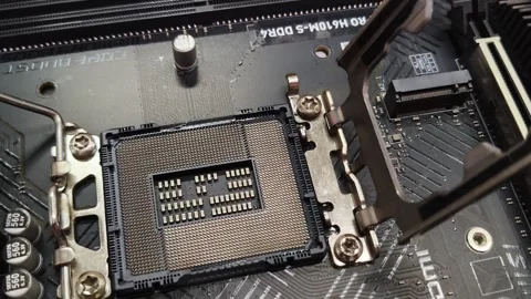 Empty computer CPU socket with pins on a motherboard Stock Footage 348227372
