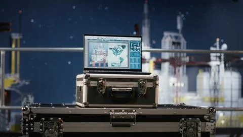 Empty computer displays predictive maintenance dashboard on offshore drilling Stock-Fotos