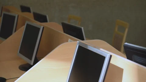Empty computer room, neatly arranged for student in a computer classroom jobs Stock Footage 111672024